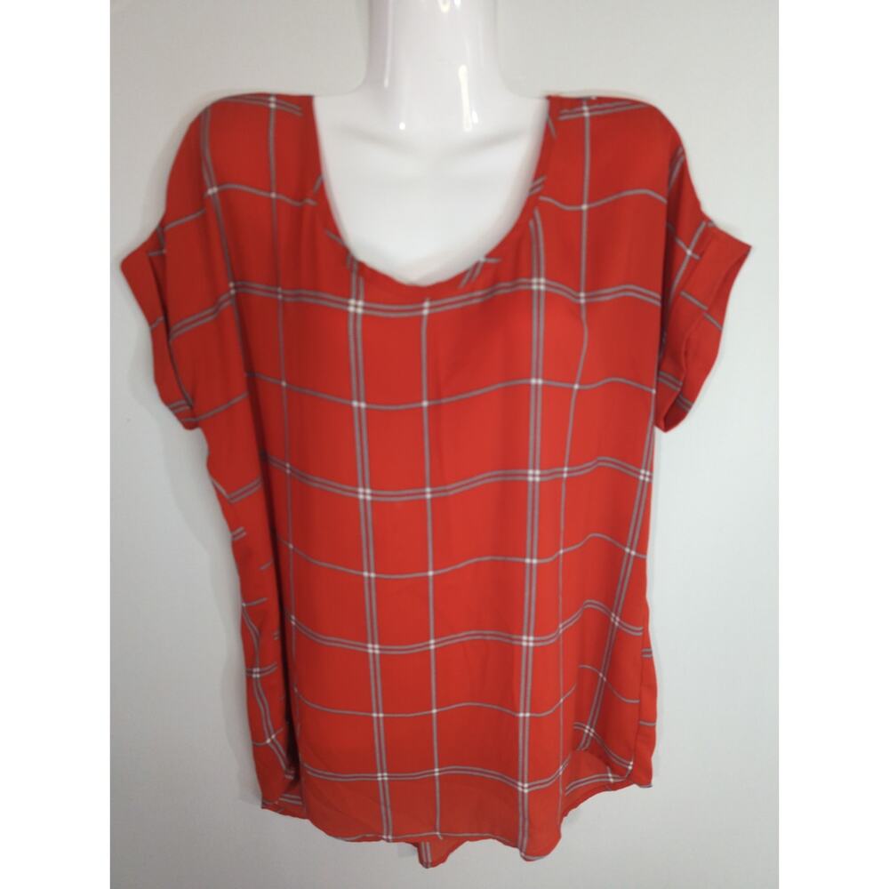 Pleione Pleated Blouse - Size L - Red Plaid Scoop Neck Casual Career Top